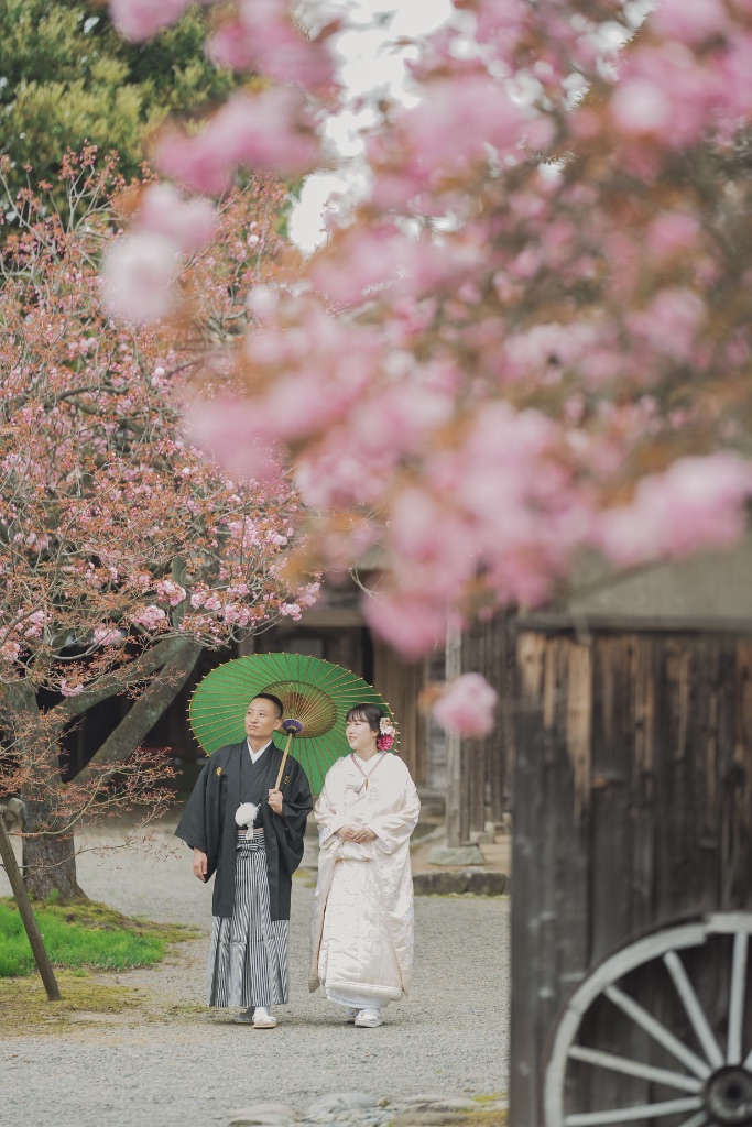 桜咲く古建築の前を歩く着物カップル